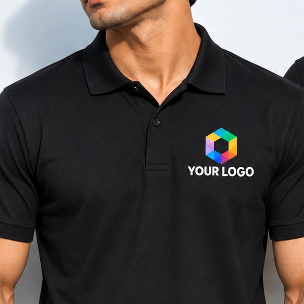 Logo printed on the left chest of a black polo