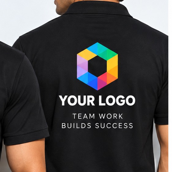 Large logo and tagline printed across the back of a black polo