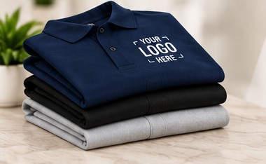 Folded navy, black and grey polos with a logo